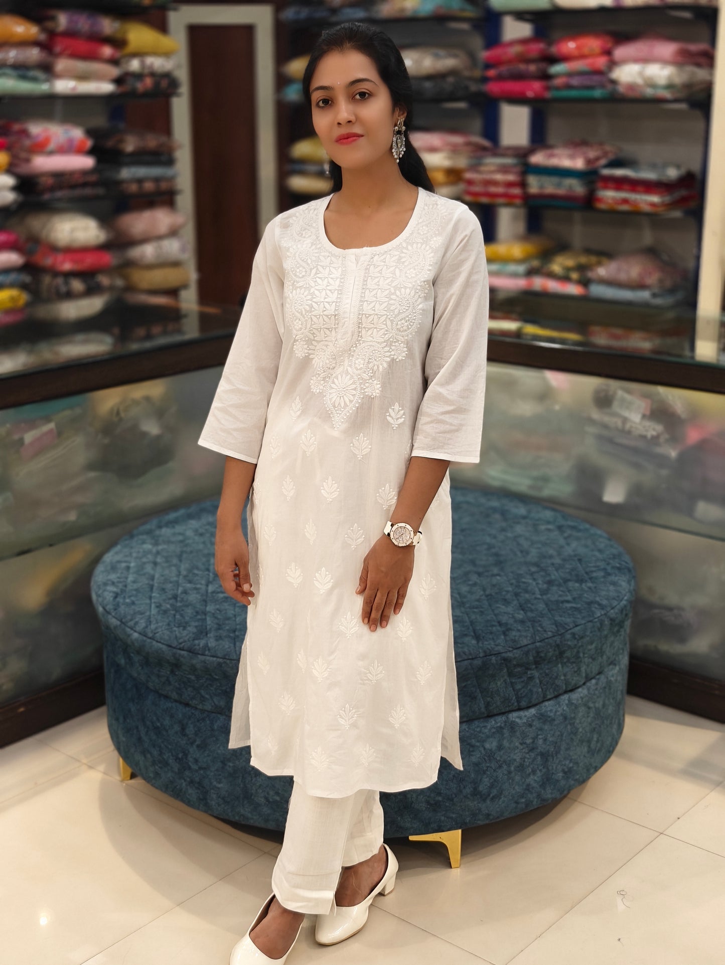 Pure Cotton White Embroidered Kurta 010887