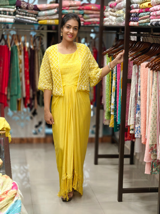 🌼 Yellow Georgette One-Piece Dress with Handwork Jacket 🌼- 011711